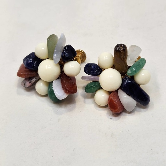 Miriam Haskell Multi Natural Stone Screw Back Earrings Gold Tone Vintage Jewelry - Picture 2 of 6